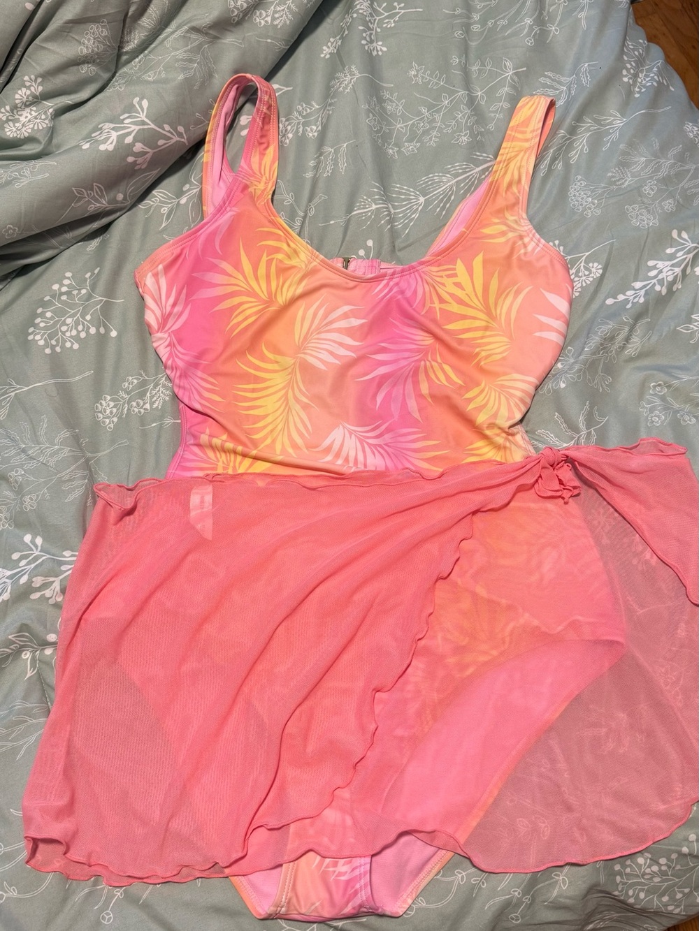 Tropical Pink & Orange One-Piece Swimsuit with Mesh Skirt